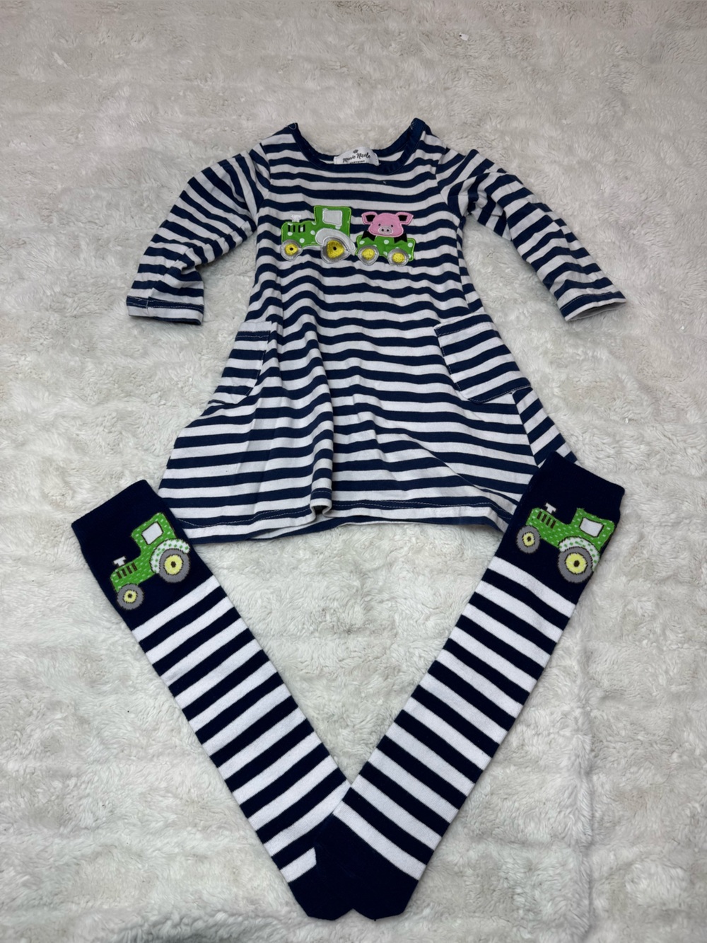 Marie Nicole Striped Navy & White Kids Dress with Tractor Appliqué